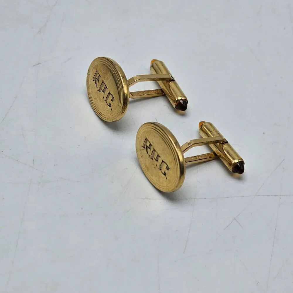 Vintage Krementz Gold-Filled Oval Cufflinks With Amber Tips & Monogrammed 